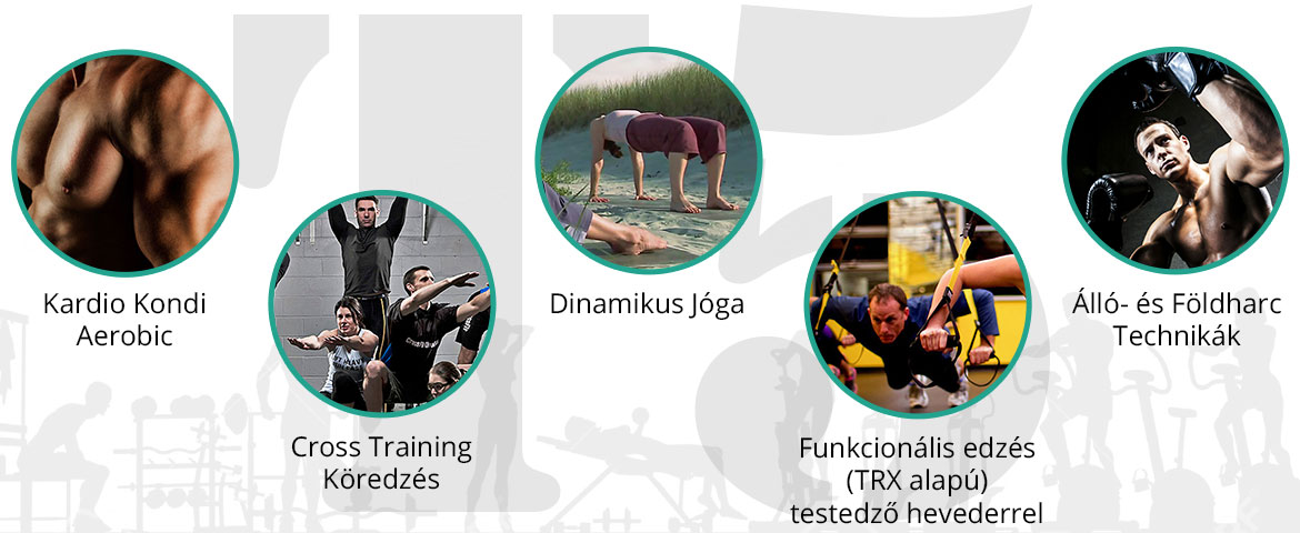 T5 program - Klasszikus Kondi – Testépítés, Funkcionális edzés (TRX alapú) – testedző hevederrel, Dinamikus Jóga, Cross Training / köredzés (eszközökkel), Testegyensúly gerinctréning, streching